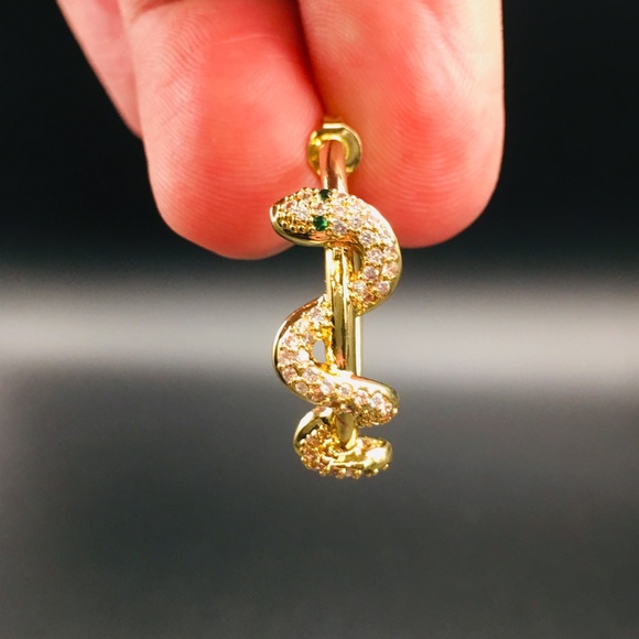 Victorian Gothic Gold Snake Serpent Hoops with Emerald Green Crystal Eyes - Picture 3 of 7